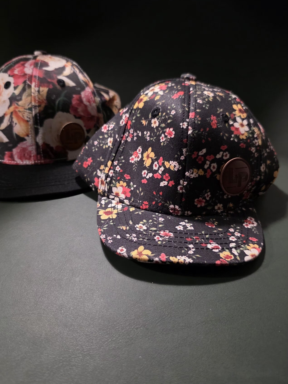 Girls' Black Floral Baseball Cap with Pink & Yellow Blooms